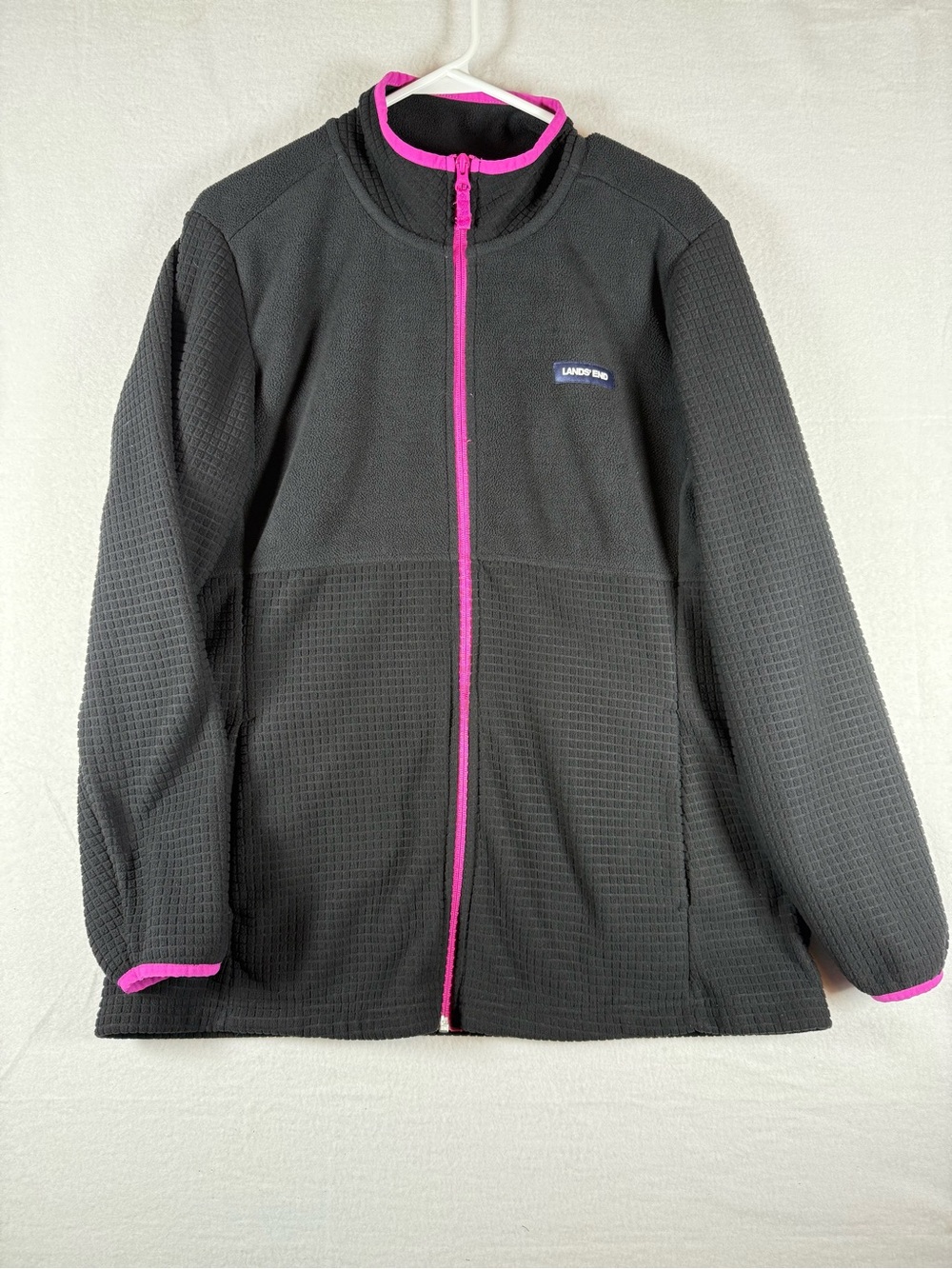 Lands' End Black with Pink Piping Zip-Up Fleece Jacket Size XL